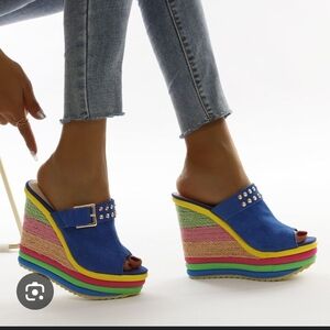 Blue and Pink Wedge Sandals with Rainbow Stripes